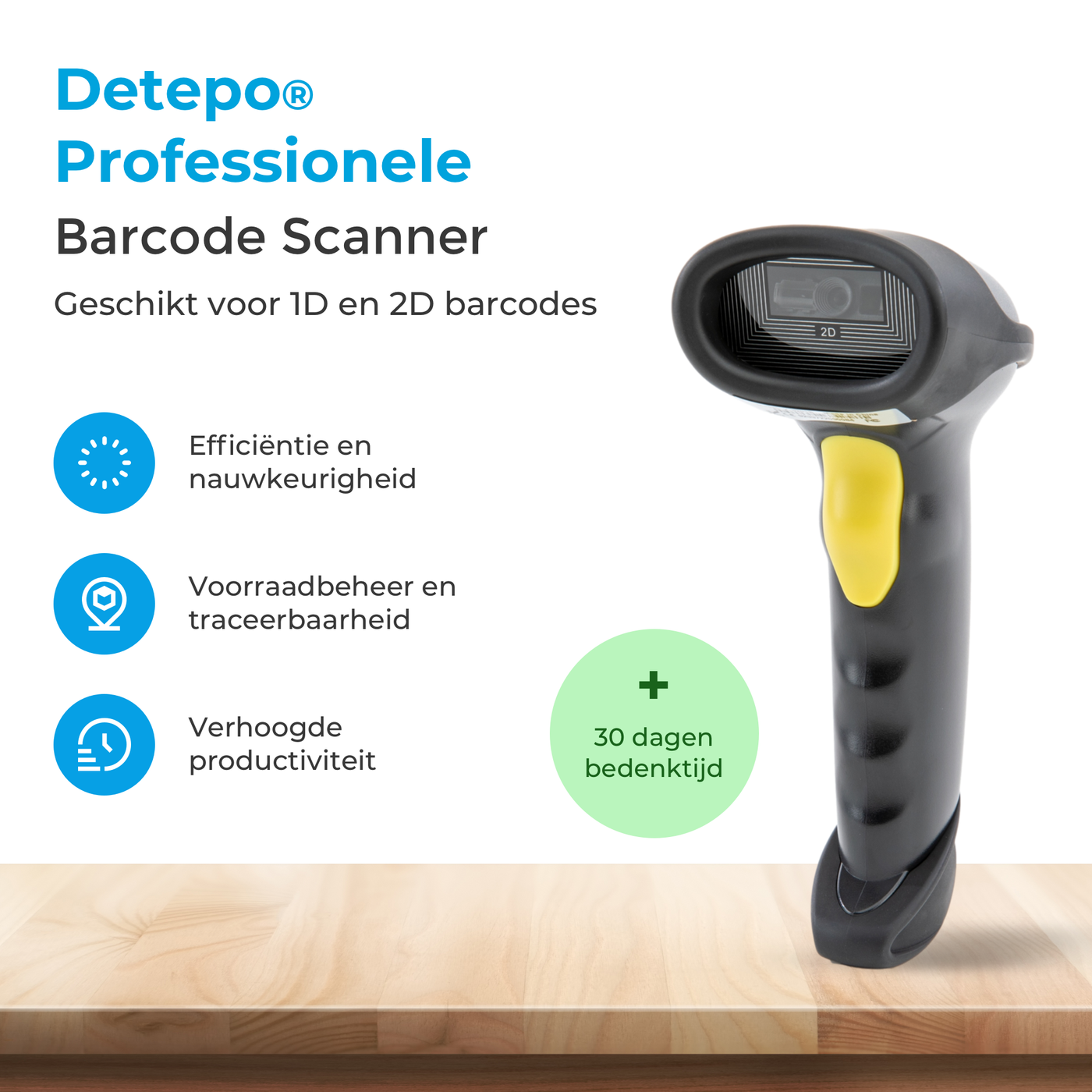 Detepo Barcode Scanner - Draadloos met Bluetooth of met USB aansluiting - Handscanner voor 1D Barcodes & 2D QR Codes