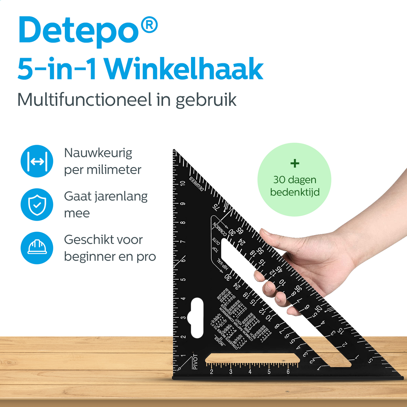 Detepo Winkelhaak - Timmerman Meet Driehoek - Blokhaak gemaakt van Metaal - Speed Square - 5 in 1 Gradendriehoek - Zwart