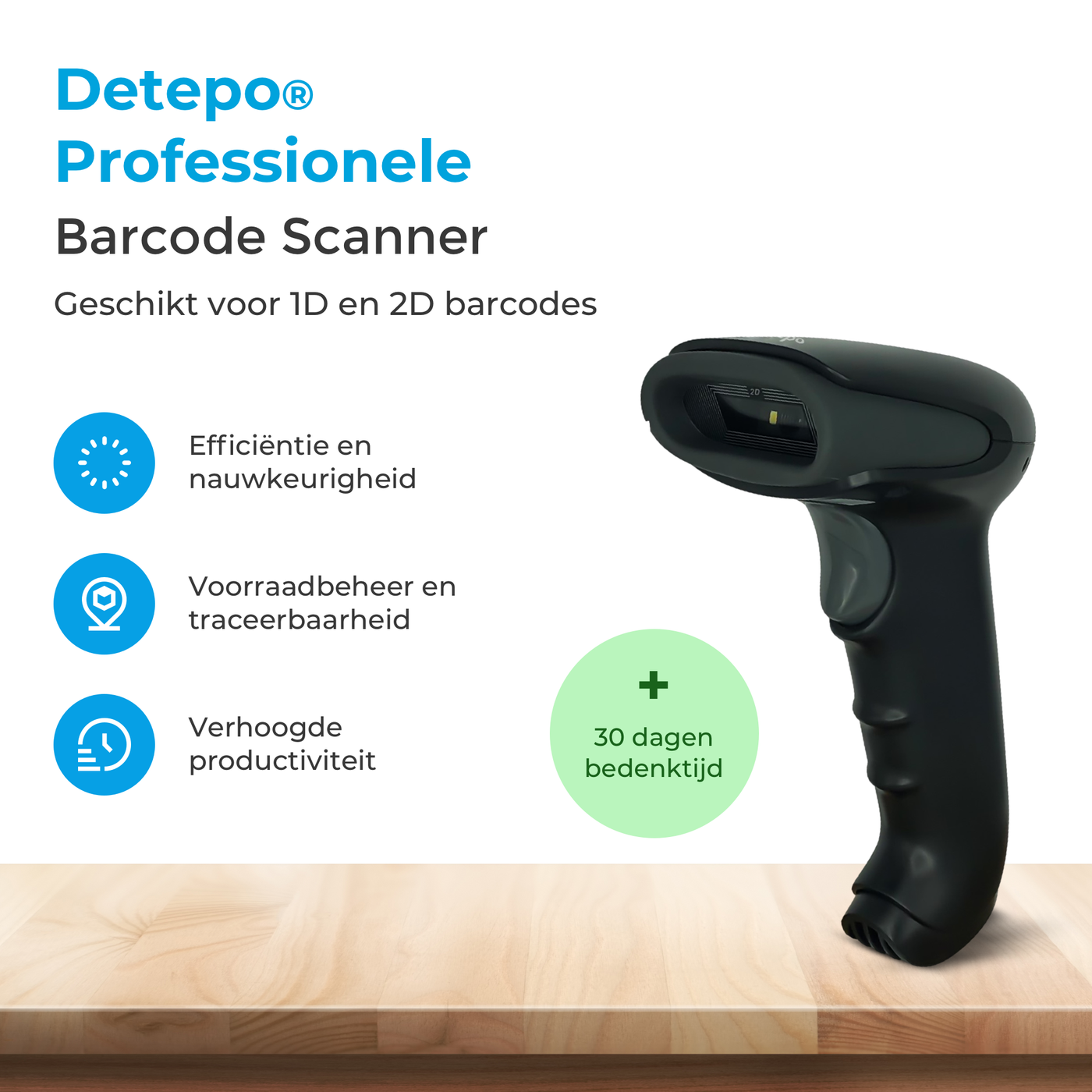 Detepo® Barcode Scanner - Met USB aansluiting of Draadloos met Bluetooth - Handscanner voor 1D Barcodes & 2D QR Codes