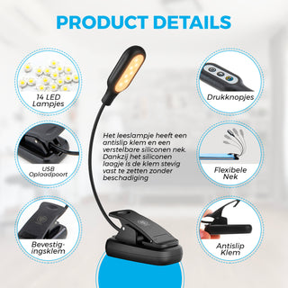 Leeslampje voor Boek - LED Leeslamp met Klem - Verstelbare Flexibele Arm - voor Boek / Slaapkamer / Bed / Kind / Bureau - USB Oplaadbaar