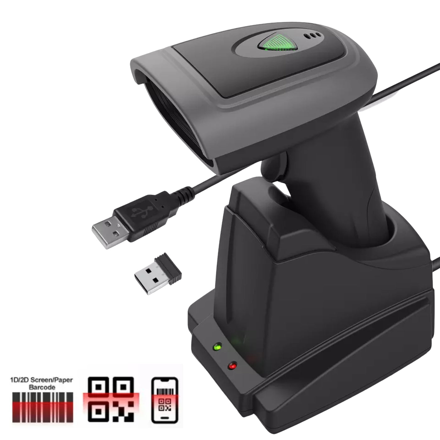 Detepo Barcode Scanner met Slim Laadstation - Draadloos met Bluetooth of met USB aansluiting - Handscanner met Houder voor 1D Barcodes & 2D QR Codes