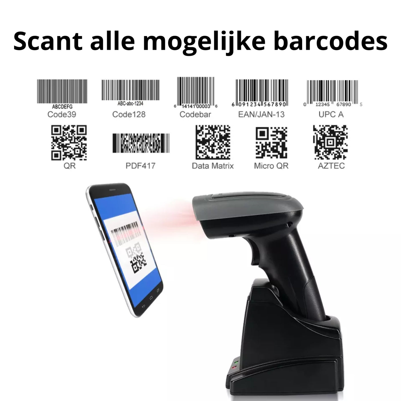 Detepo Barcode Scanner met Slim Laadstation - Draadloos met Bluetooth of met USB aansluiting - Handscanner met Houder voor 1D Barcodes & 2D QR Codes