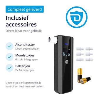 Digitale Alcoholtester – Alcoholtesters – Alcoholmeter Digitaal - Blaastest voor Persoonlijk Gebruik – Compact en Draagbaar – Incl. Batterijen en Extra Mondstukjes