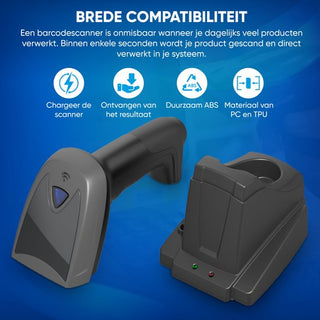 Barcode Scanner Draadloos met Laadstation - Handscanner voor 2D/QR Codes - Met Bluetooth of USB - Plug & Play - Incl. Houder