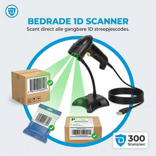 Barcode Scanner 1D - Handscanner - Bekabeld met USB - Plug & Play - Incl. Standaard