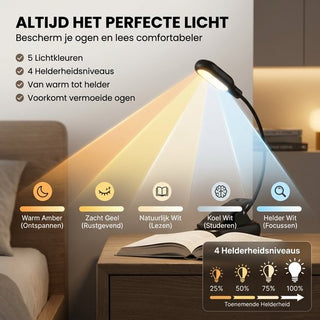 Leeslampje voor Boek - LED Leeslamp met Klem - Verstelbare Flexibele Arm - voor Boek / Slaapkamer / Bed / Kind / Bureau - USB Oplaadbaar