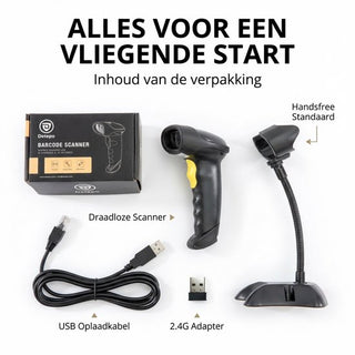 Barcode Scanner Draadloos - Professionele Handscanner voor 2D/QR Codes - Met Bluetooth of USB - Plug & Play - Incl. Standaard