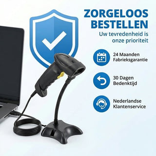 Barcode Scanner 1D - Handscanner - Bekabeld met USB - Plug & Play - Incl. Standaard