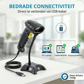 Barcode Scanner 1D - Handscanner - Bekabeld met USB - Plug & Play - Incl. Standaard