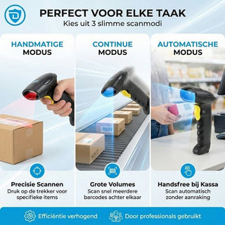 Barcode Scanner Draadloos - Professionele Handscanner voor 2D/QR Codes - Met Bluetooth of USB - Plug & Play - Incl. Standaard