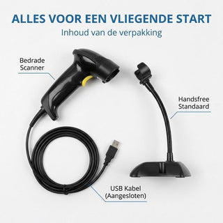 Barcode Scanner 1D - Handscanner - Bekabeld met USB - Plug & Play - Incl. Standaard