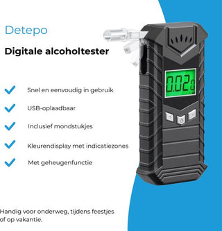 Digitale Alcoholtester - Geschikt voor Frankrijk - Alcoholmeter - Oplaadbaar met USB - Blaastest Alcohol Meter - Ademtest om je Alcoholpromillage mee te Testen - Met Extra Mondstukjes