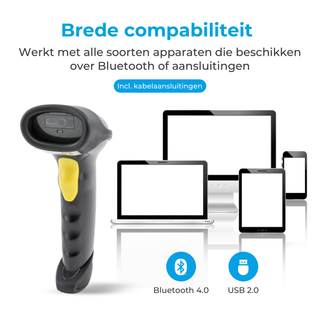 Barcode Scanner - Draadloos met Bluetooth of met USB - Handscanner voor 1D Barcodes & 2D QR Codes - Incl. Standaard