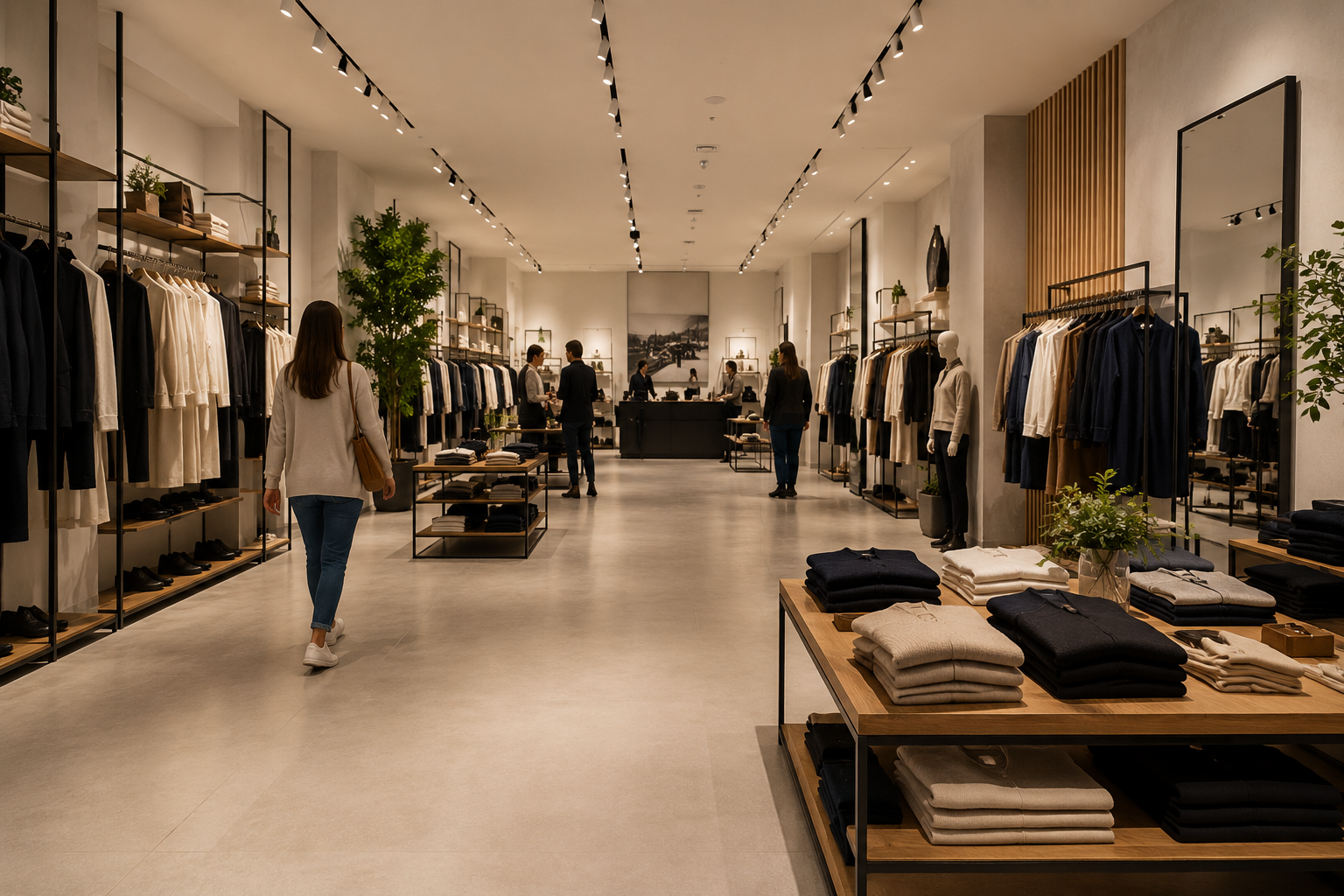 Bezoekers tellen in retail — klanten lopen door een moderne kledingwinkel