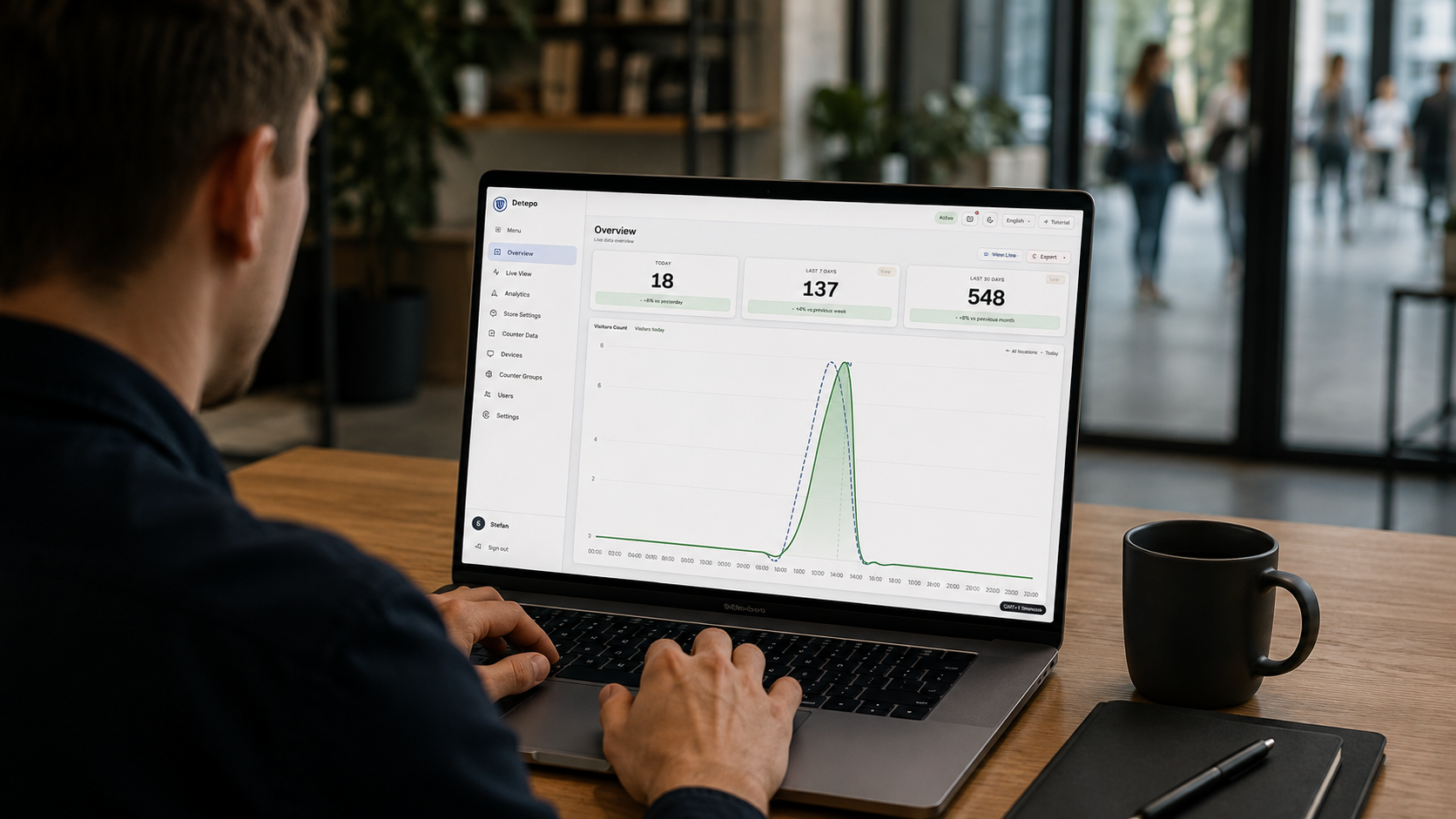 Winkelier bekijkt bezoekersaantallen in het Detepo dashboard op zijn laptop