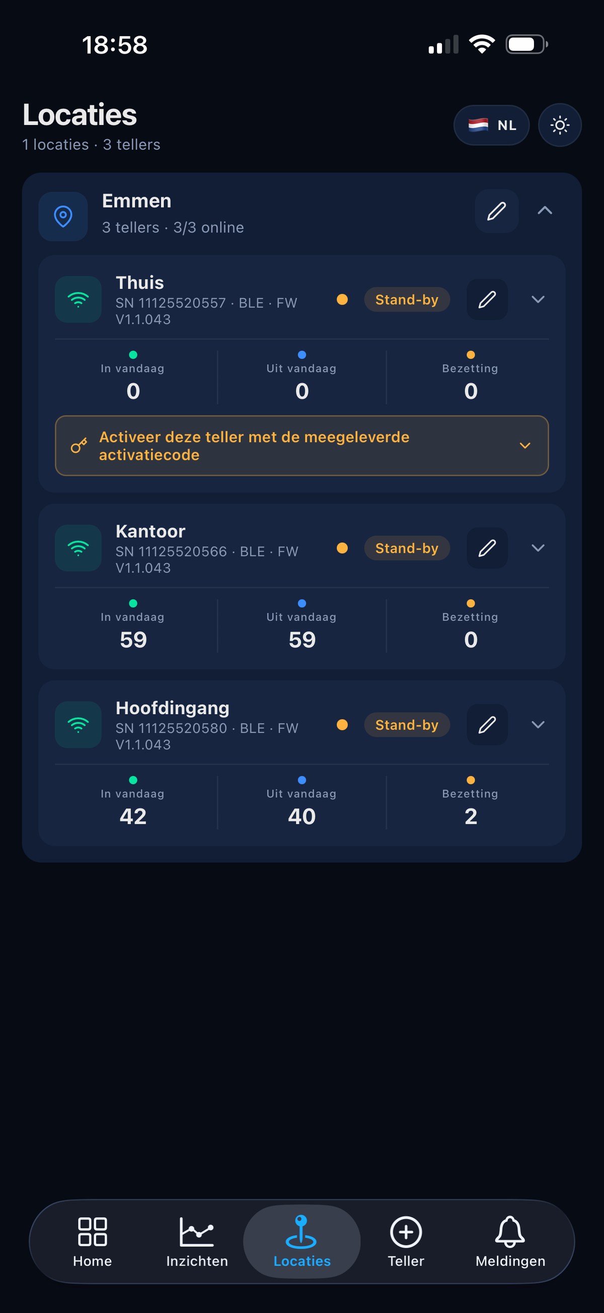 Detepo app op iPhone, status van de tellers en meldingen
