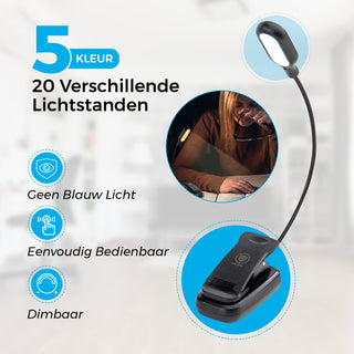 Detepo Leeslampje voor Boek - Draadloos - USB Oplaadbaar - LED Boeklamp met Klem - Verstelbaar - Leeslamp met Flexibele Arm - Geschikt voor Boeken/Slaapkamer/Bed - Zwart