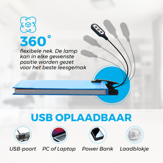 Detepo Leeslampje voor Boek - Draadloos - USB Oplaadbaar - LED Boeklamp met Klem - Verstelbaar - Leeslamp met Flexibele Arm - Geschikt voor Boeken/Slaapkamer/Bed - Zwart