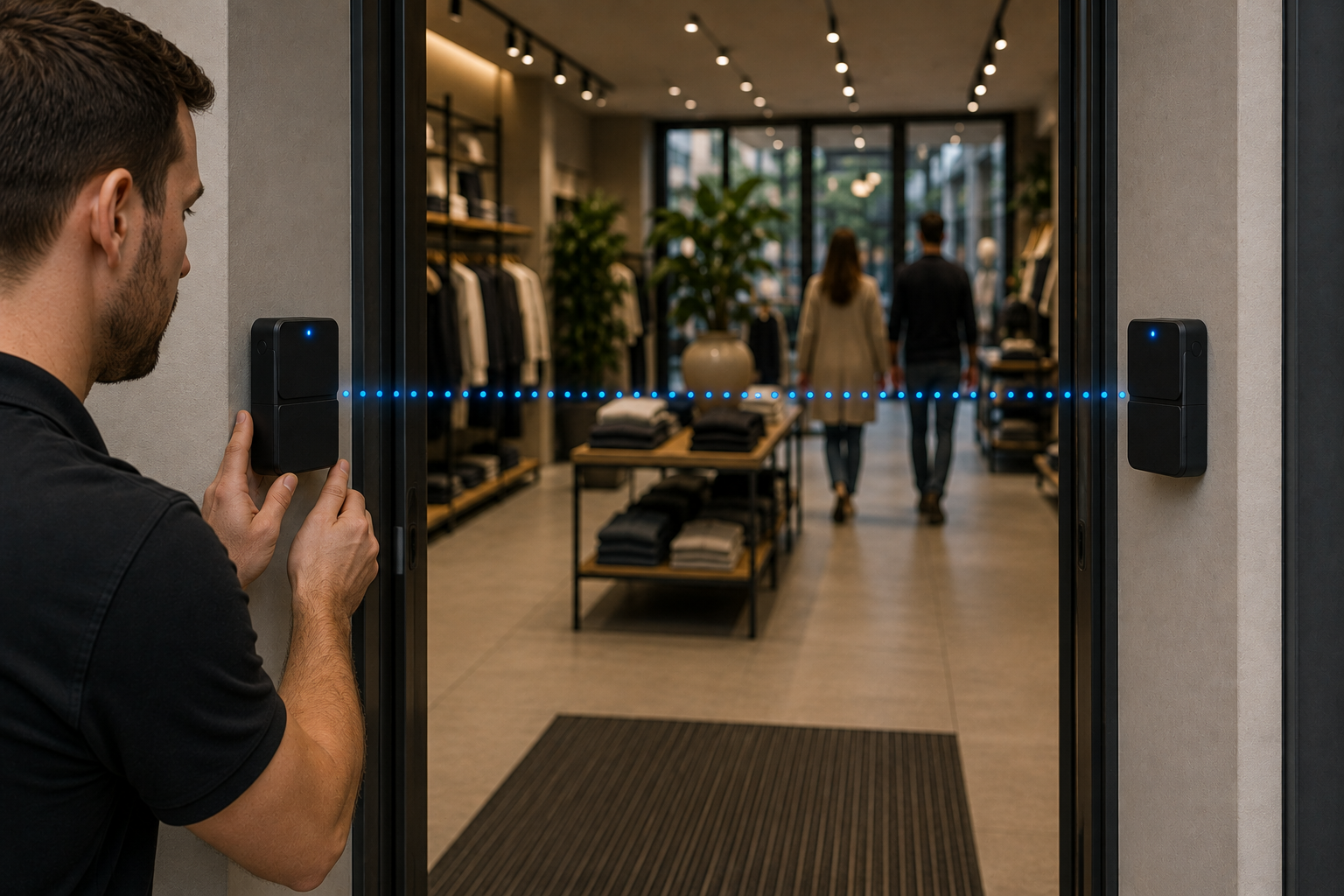 Monteur installeert een Detepo bezoekersteller bij de ingang van een winkel
